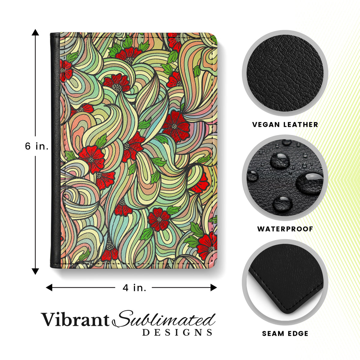 Jolitee Passport Holder, PU Vegan Leather, Red Daisy, Black Back