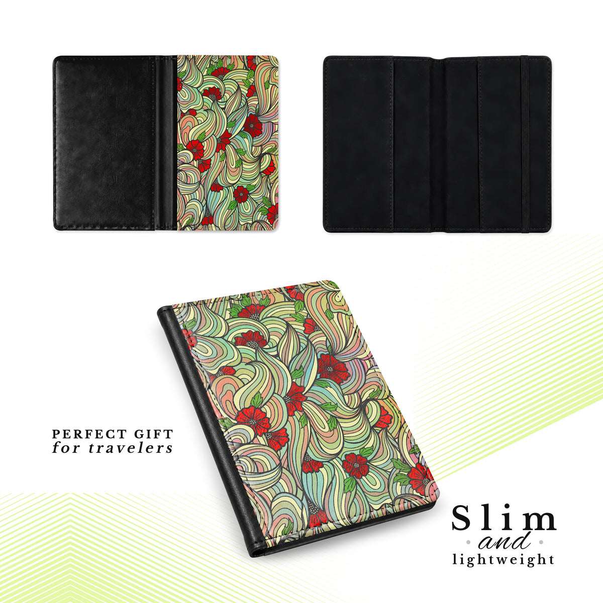Jolitee Passport Holder, PU Vegan Leather, Red Daisy, Black Back
