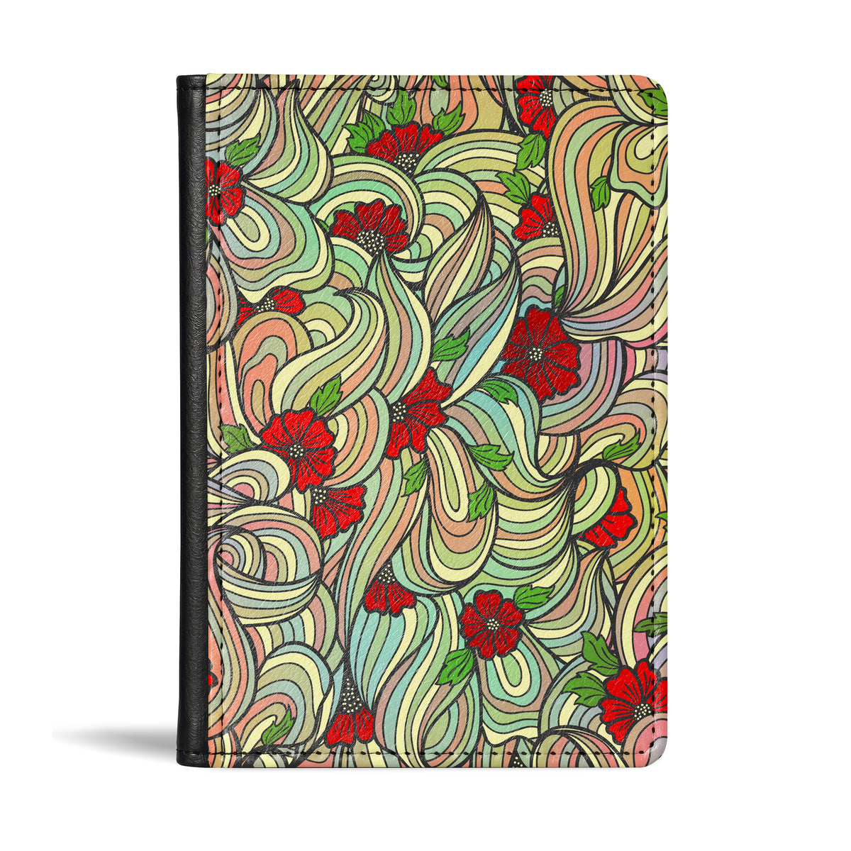 Jolitee Passport Holder, PU Vegan Leather, Red Daisy, Black Back