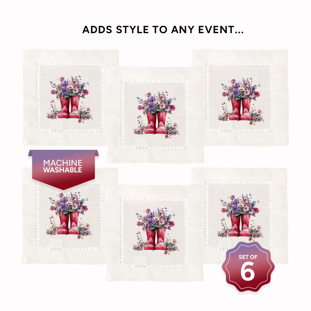 Red Garden Boots Hemstitch Napkins
