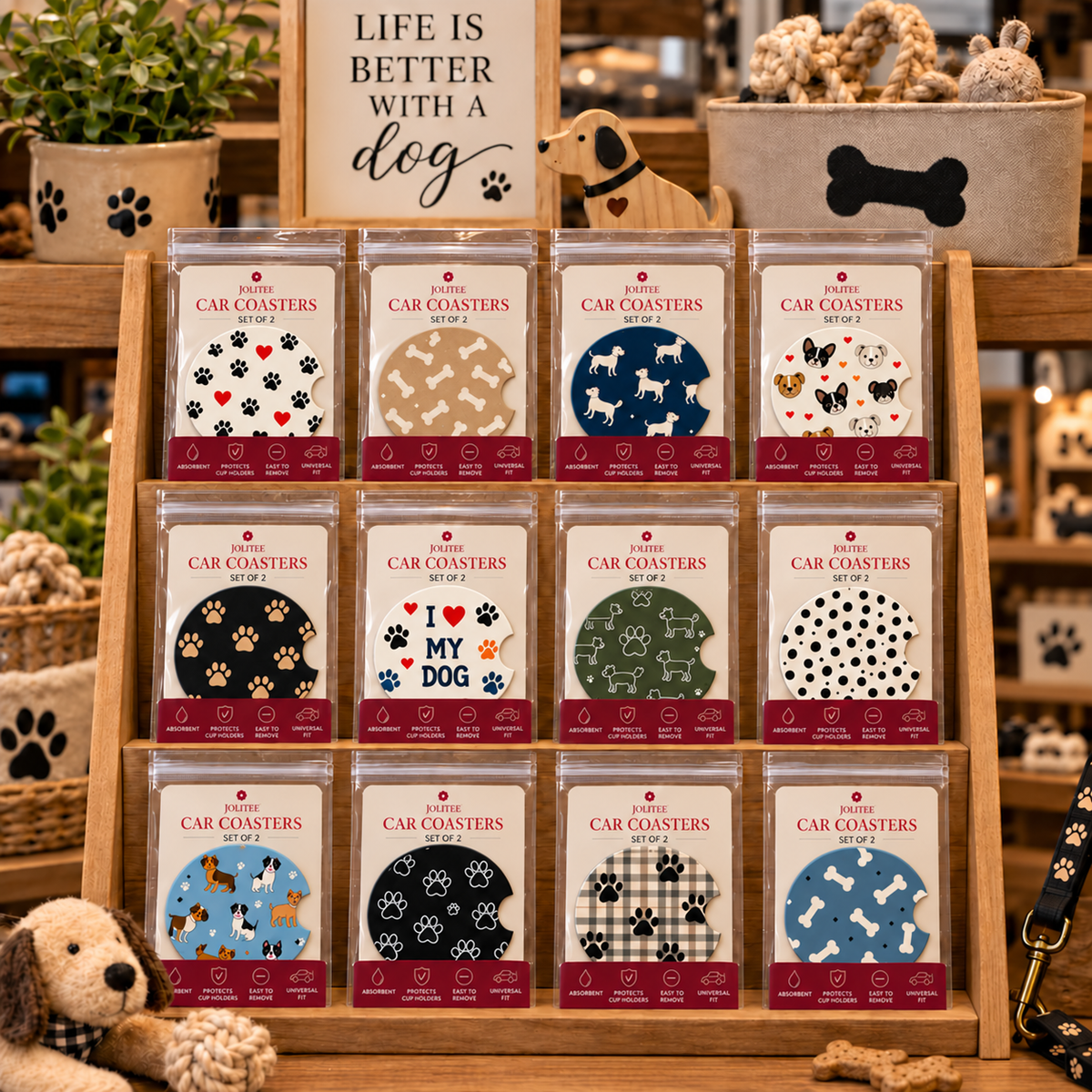 Jolitee Dog Lovers Car Coasters, Absorbent Neoprene Cup Holder