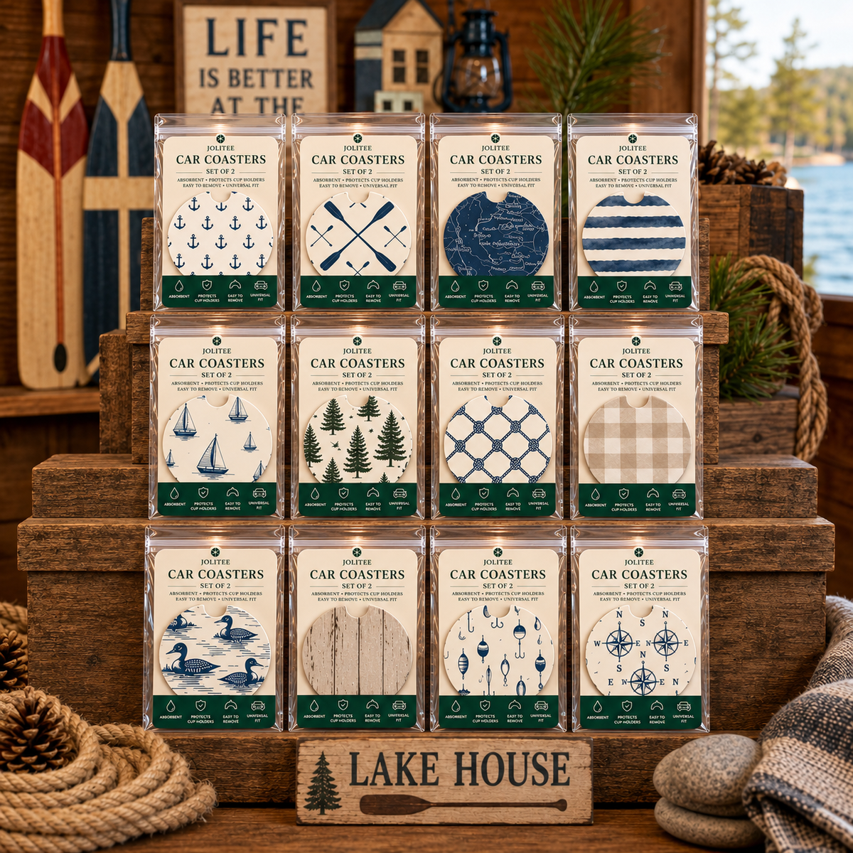 Jolitee Lakehouse Car Coasters, Absorbent Neoprene Cup Holder