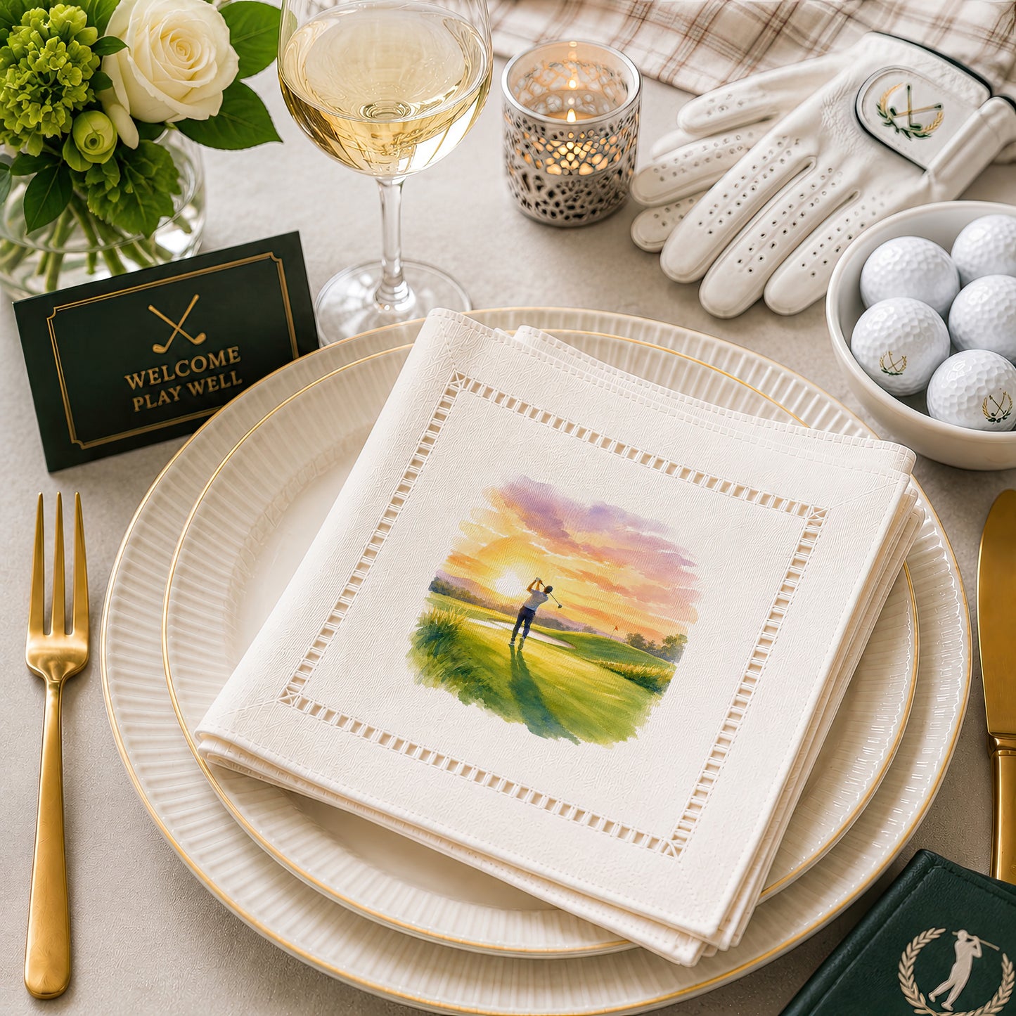 Serene Golfer Hemstitch Napkins