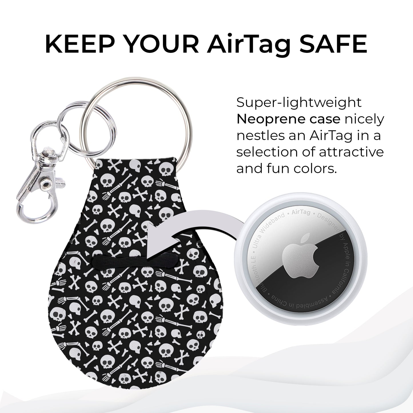 Jolitee Neoprene AirTag Compatible Case Keychain – Durable & Stylish Holder with Secure Ring and Clip, Compatible with Apple AirTag (Skull Pattern)