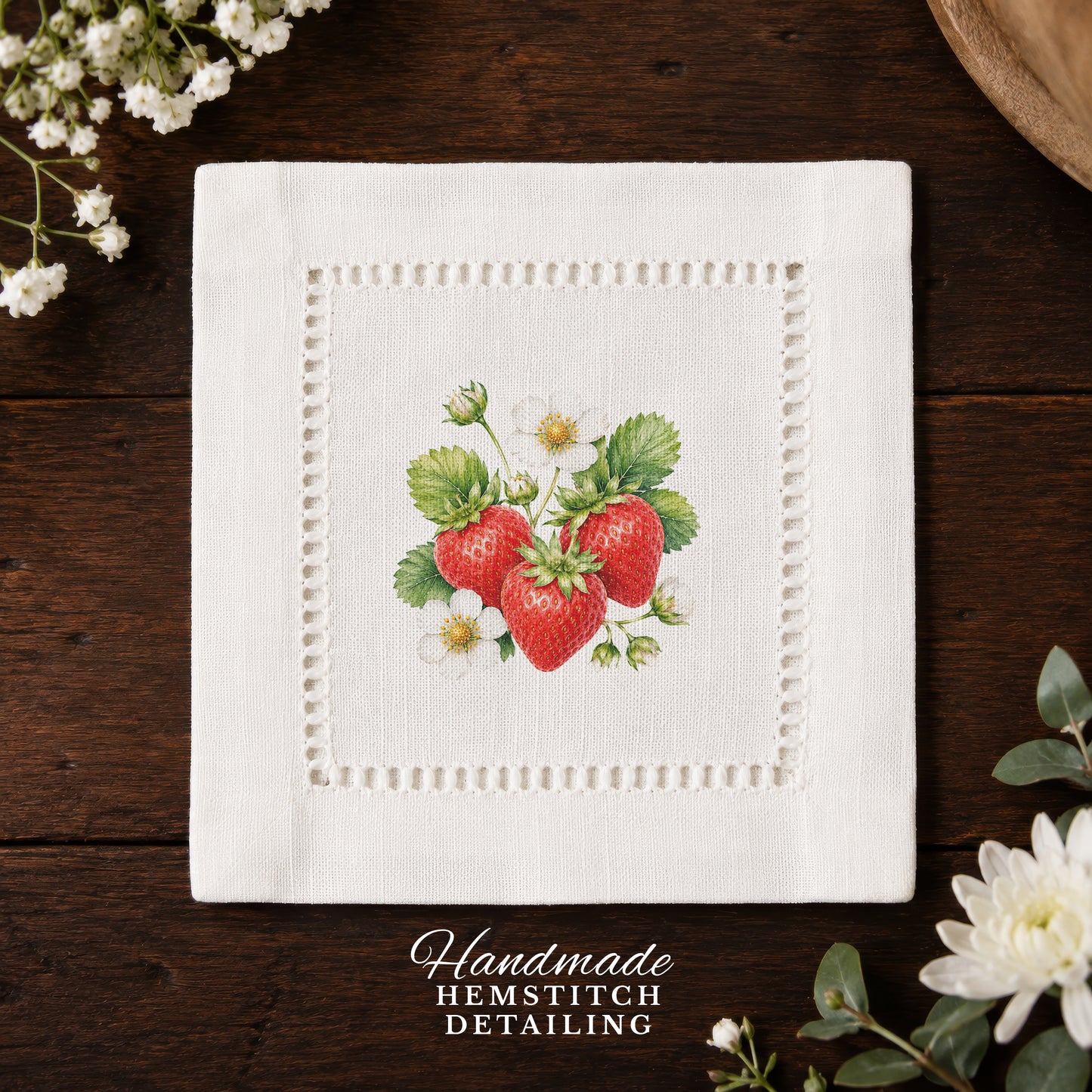 Harvest Table Strawberries Hemstitch Napkins