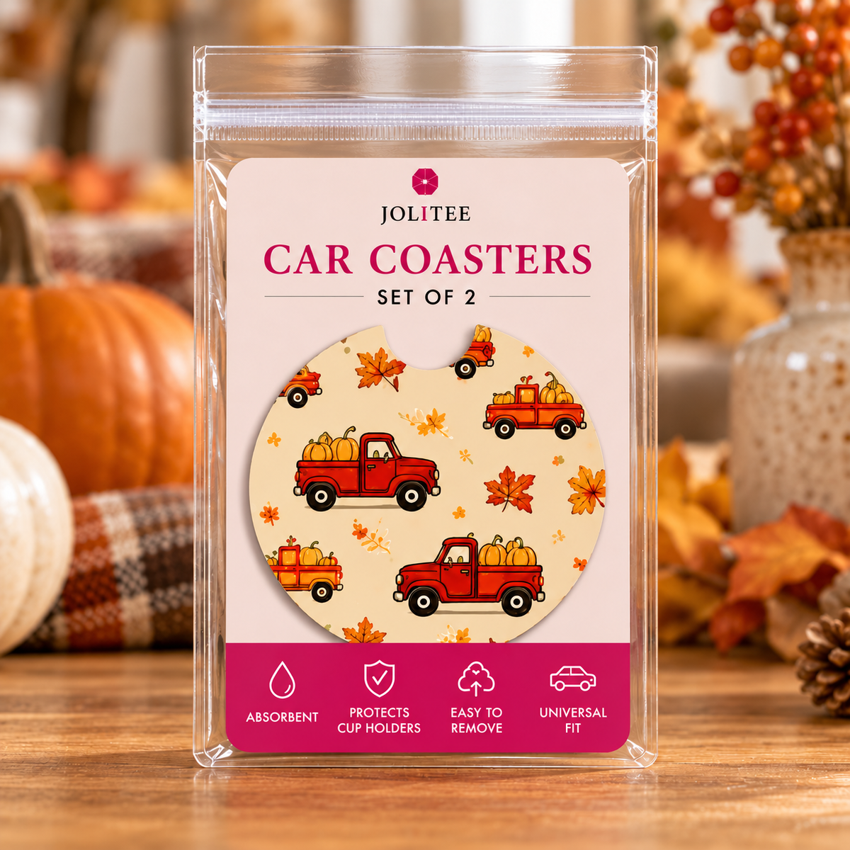 Jolitee Harvest Fall Car Coasters, Absorbent Neoprene Cup Holder Inserts, Set of 2