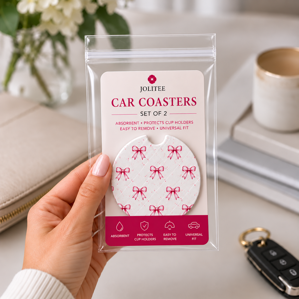 Jolitee Patterned Car Coasters, Absorbent Neoprene Cup Holder