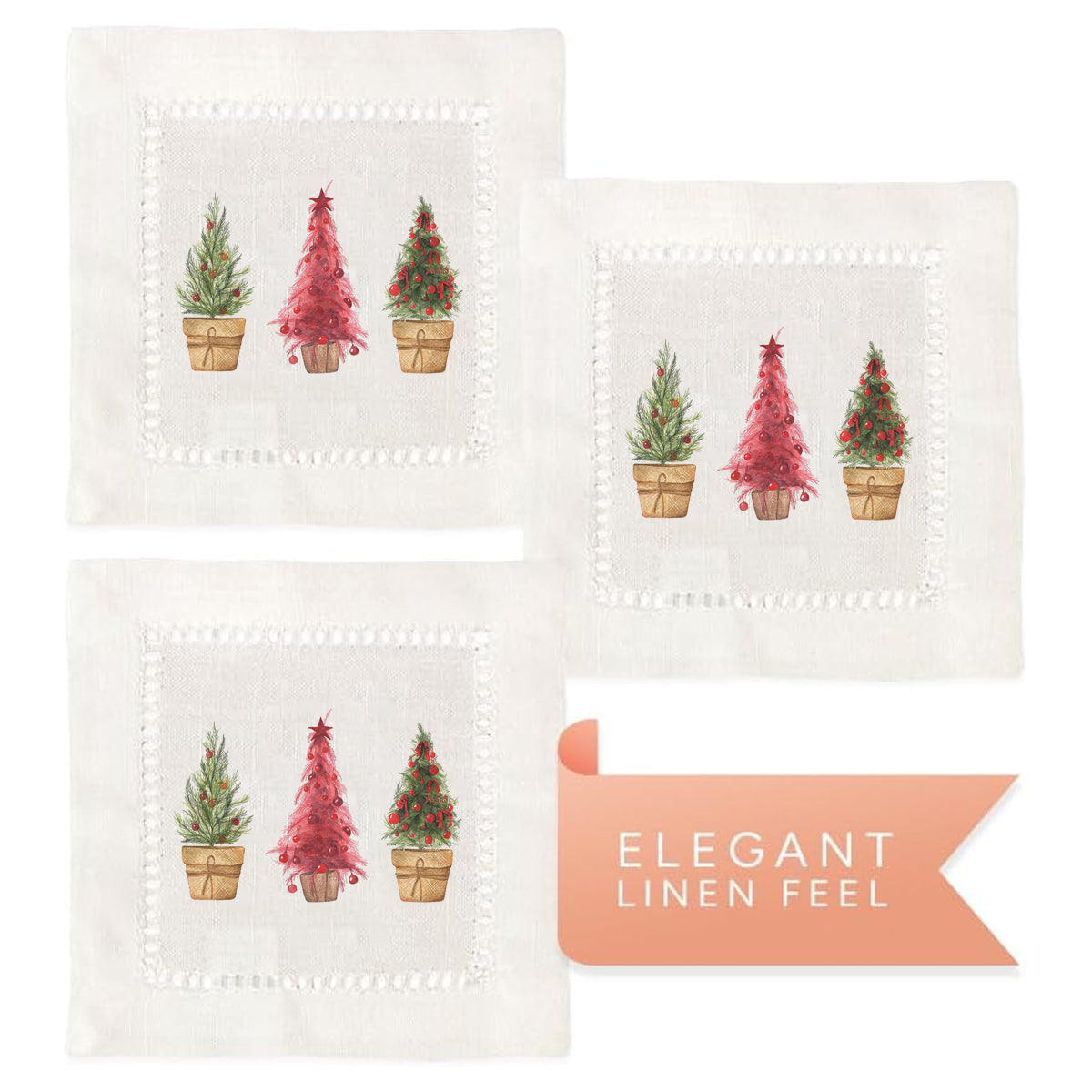 Triple Christmas Trees Hemstitch Napkins