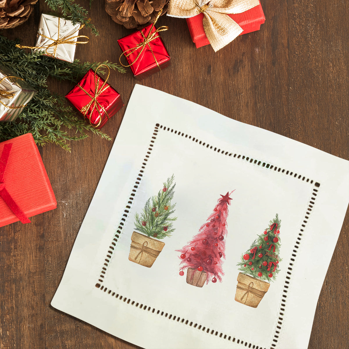 Triple Christmas Trees Hemstitch Napkins