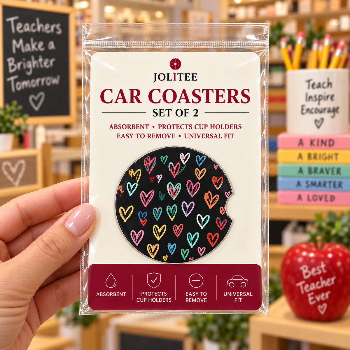 Jolitee Teacher Car Coasters, Absorbent Neoprene Cup Holder