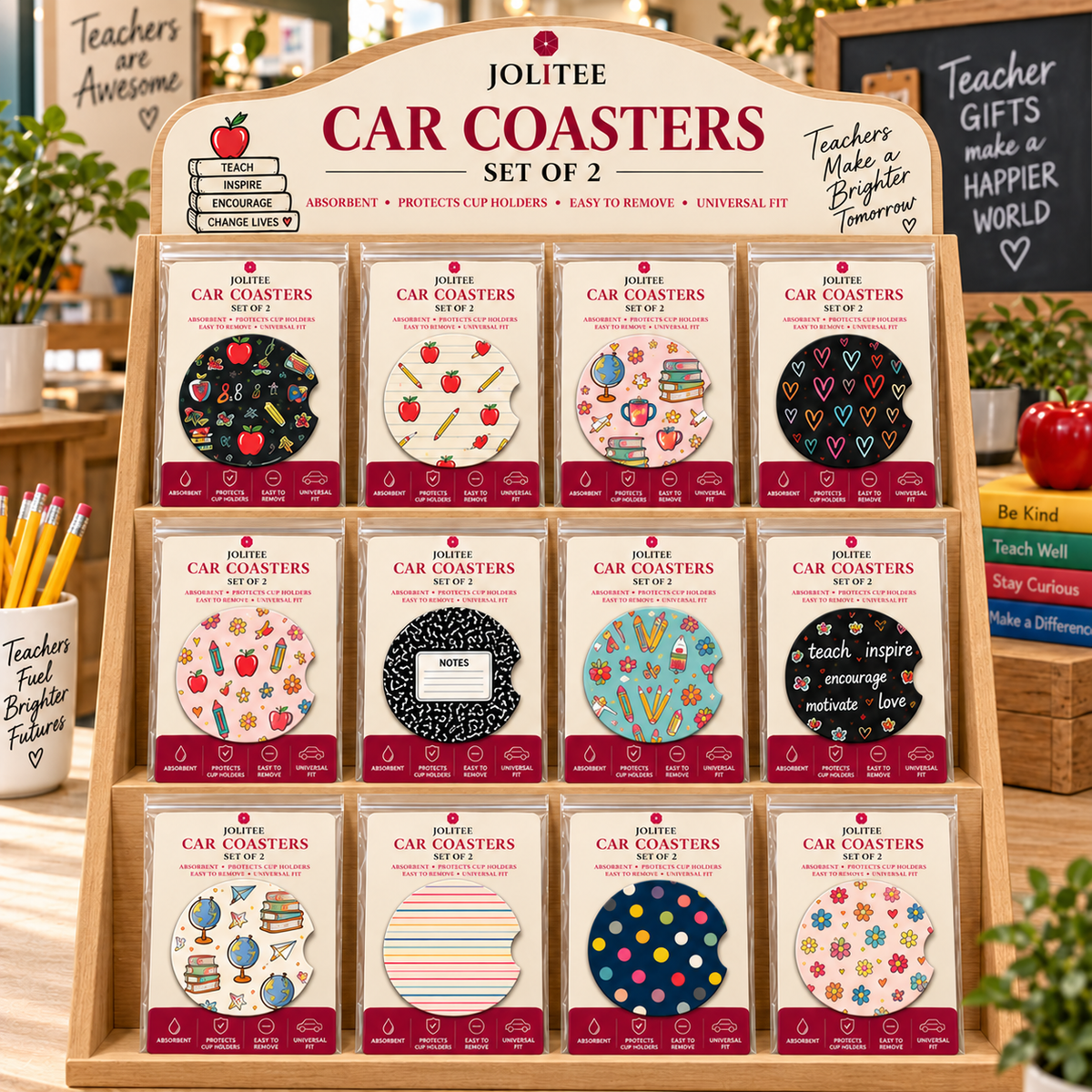 Jolitee Teacher Car Coasters, Absorbent Neoprene Cup Holder