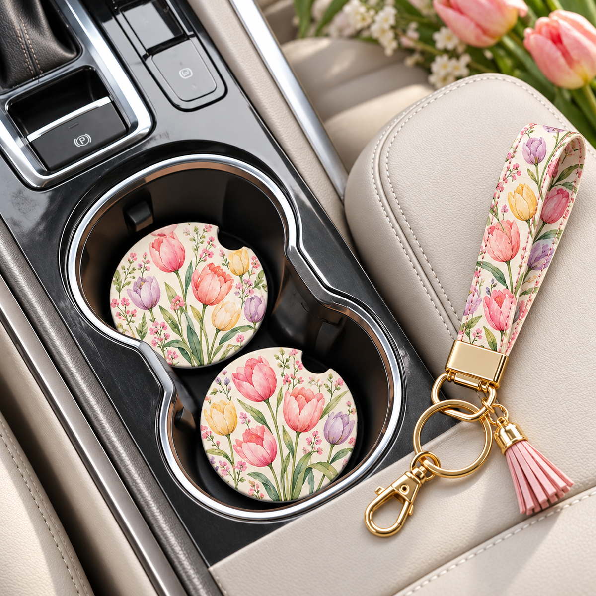 Jolitee Garden Florals Car Coasters, Absorbent Neoprene Cup Holder Inserts, Set of 2