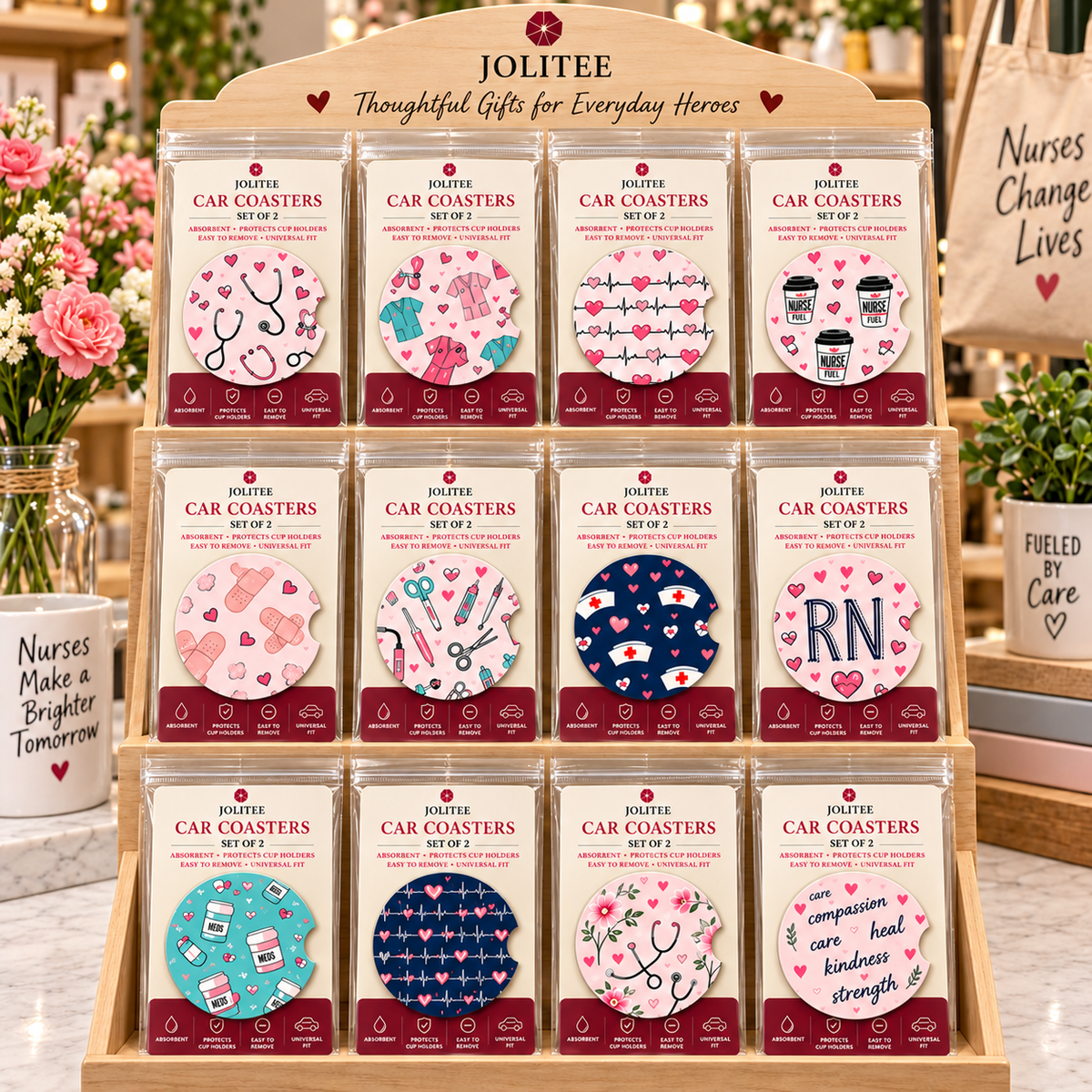 Jolitee Nurse Car Coasters, Absorbent Neoprene Cup Holder