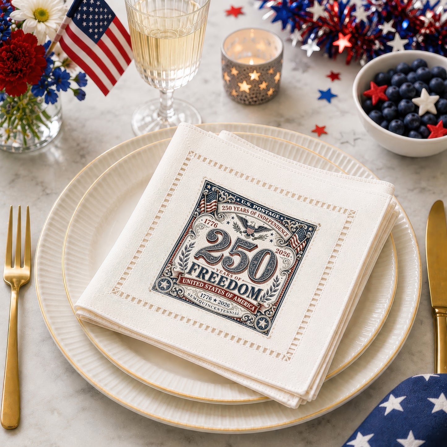 America 250 Stamp Hemstitch Napkins