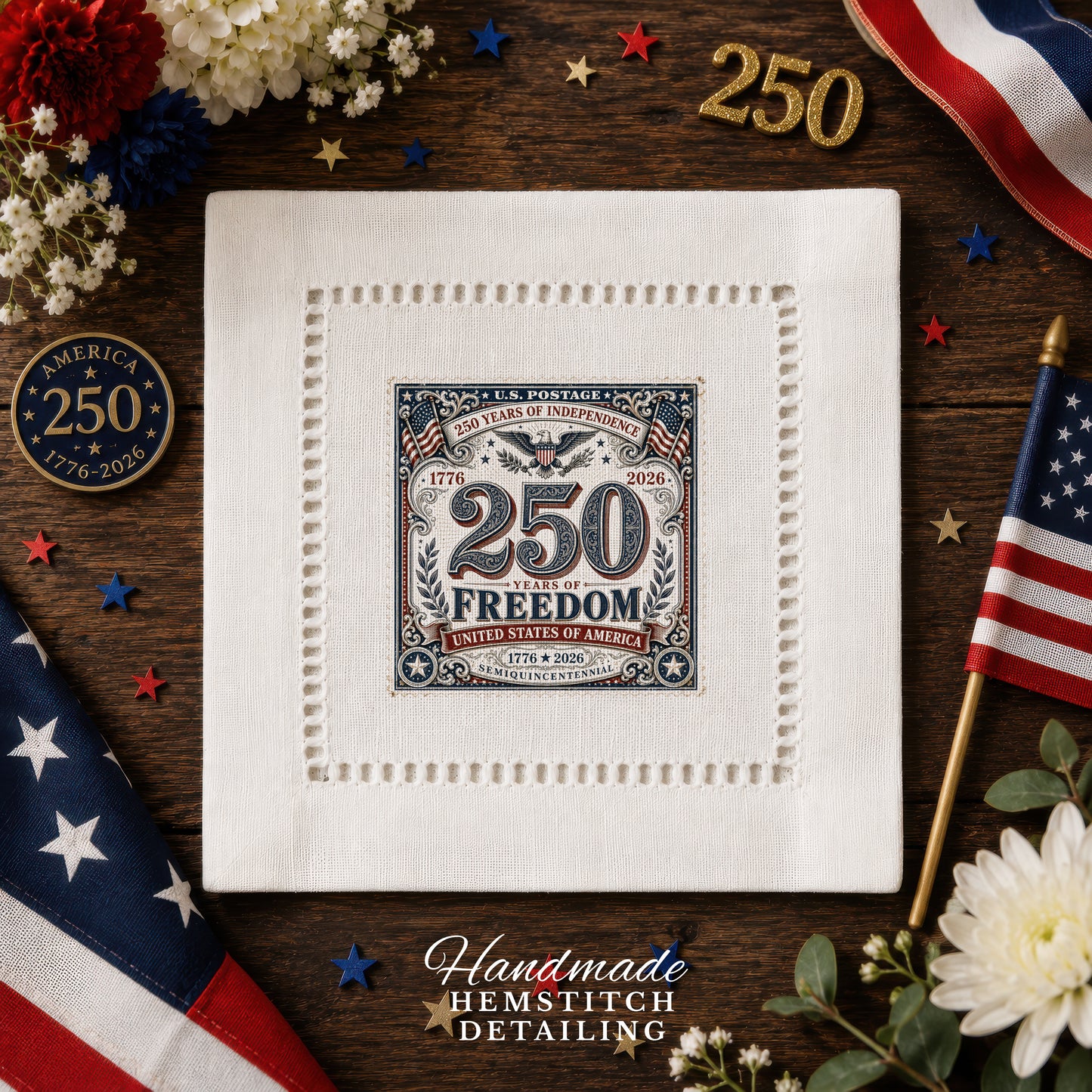 America 250 Stamp Hemstitch Napkins