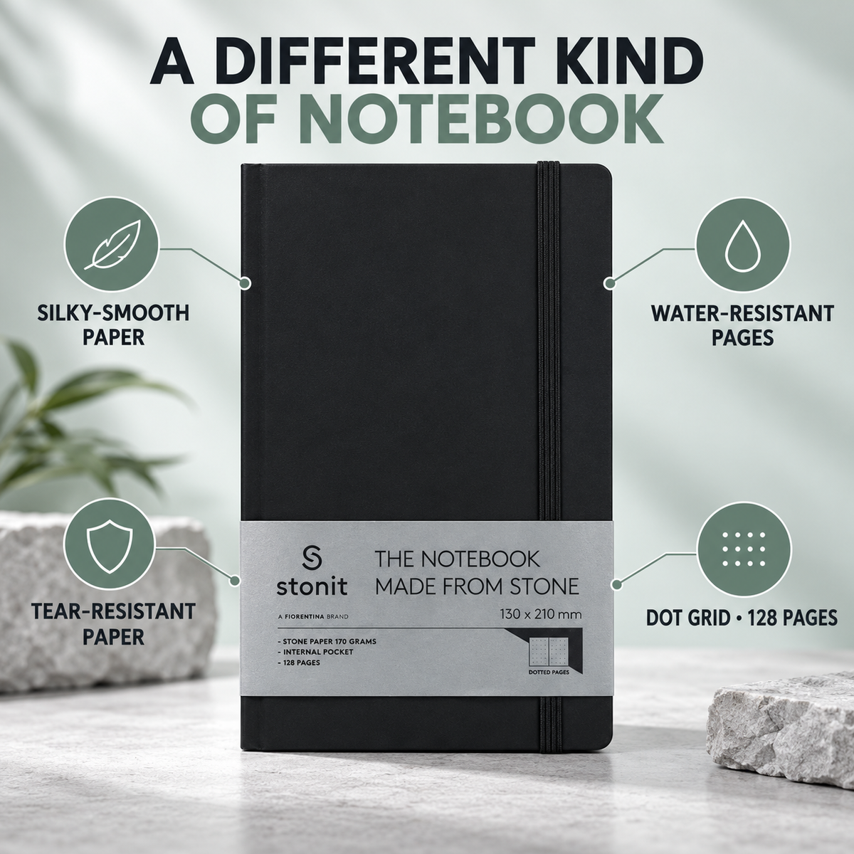 Stonit Stone Paper Notebook, Water-Resistant Dot Grid Journal, Hardcover with Elastic Closure, Silky-Smooth Tear-Resistant Pages, Black, 128 Pages, 5 x 8 Inches