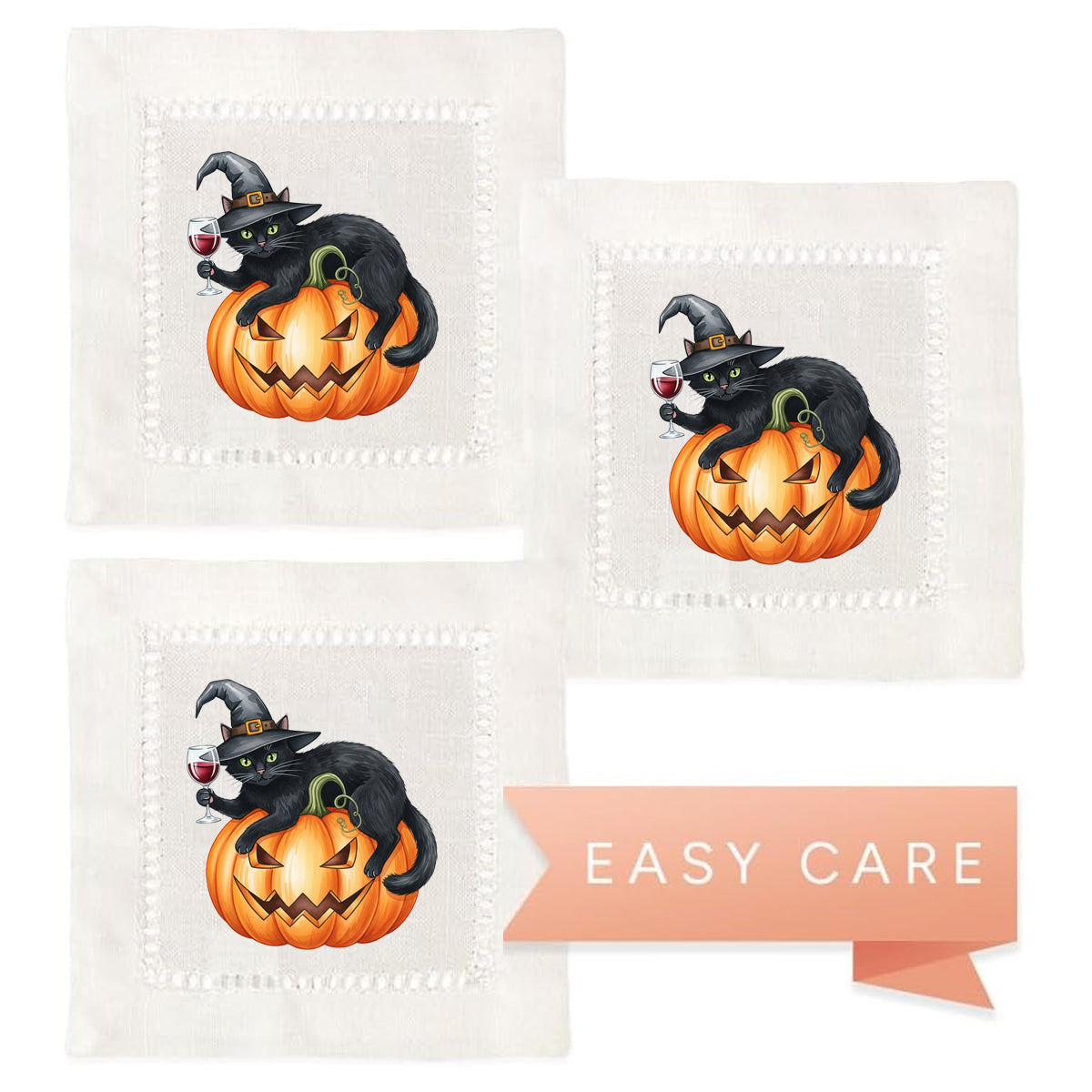 Watercolor Black Cat Hemstitch Napkins