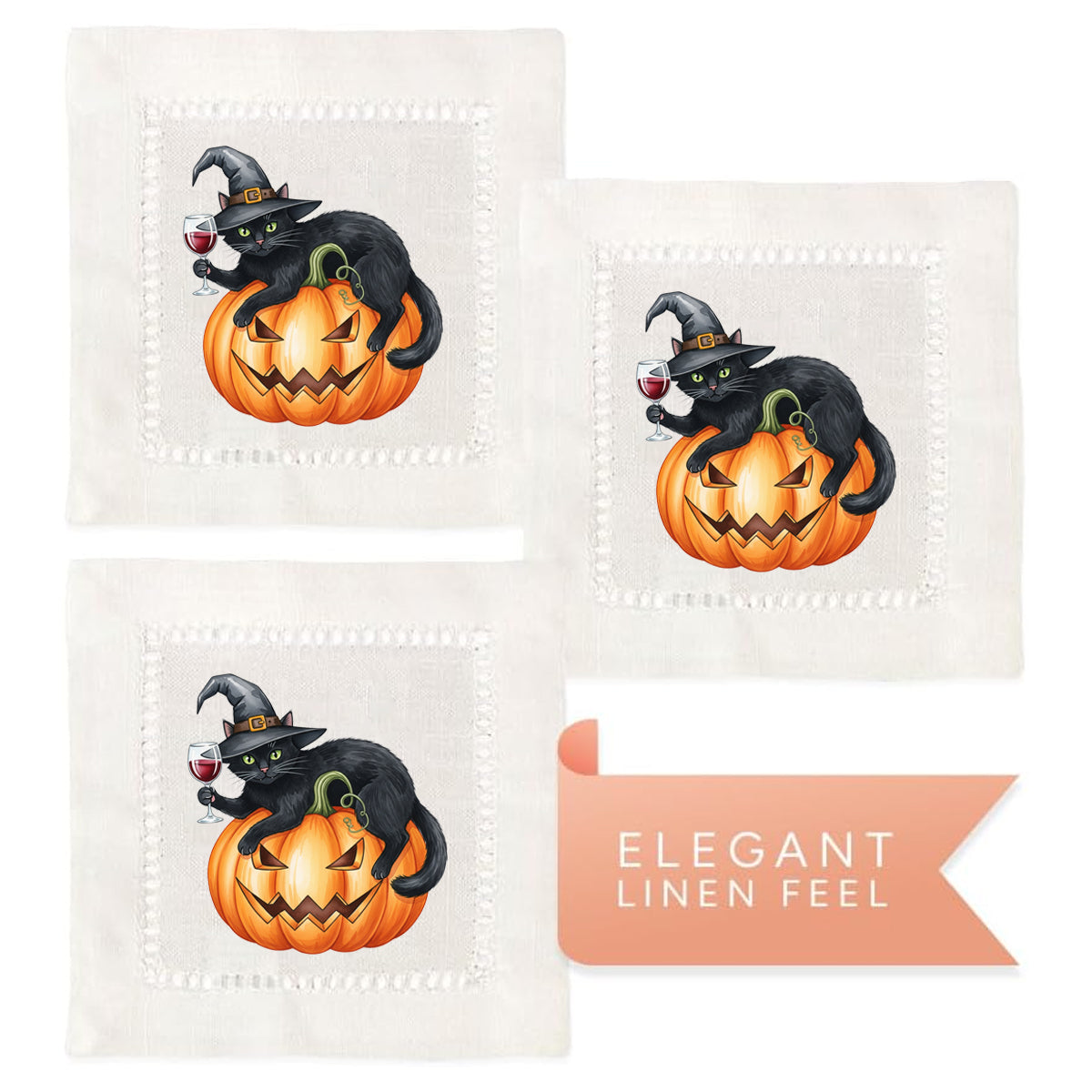 Watercolor Black Cat Hemstitch Napkins
