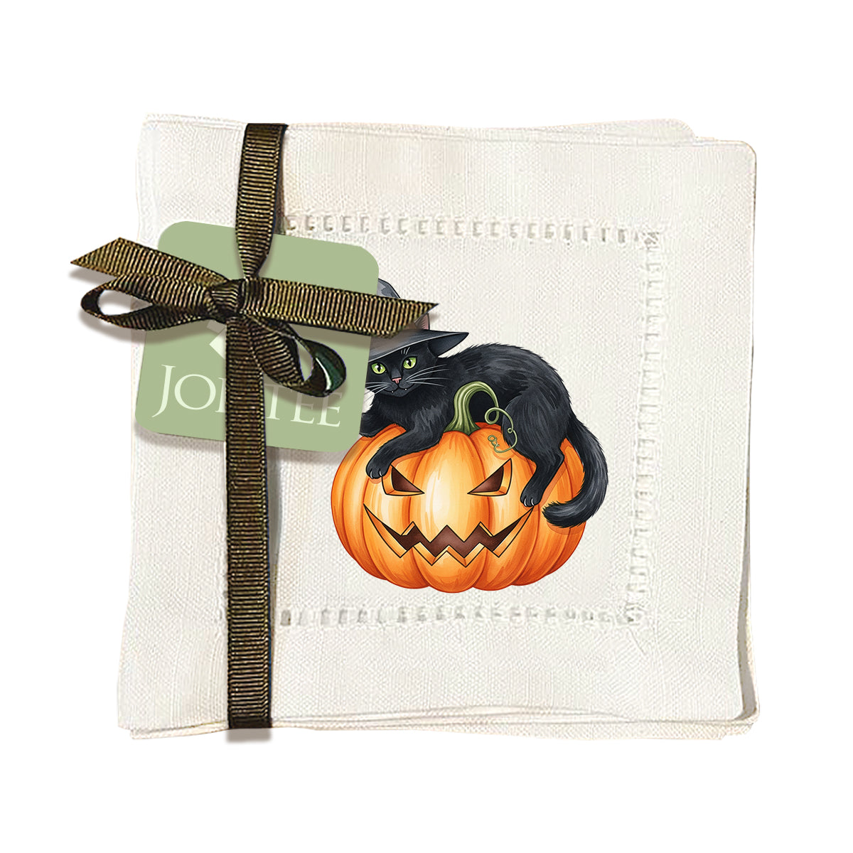 Watercolor Black Cat Hemstitch Napkins