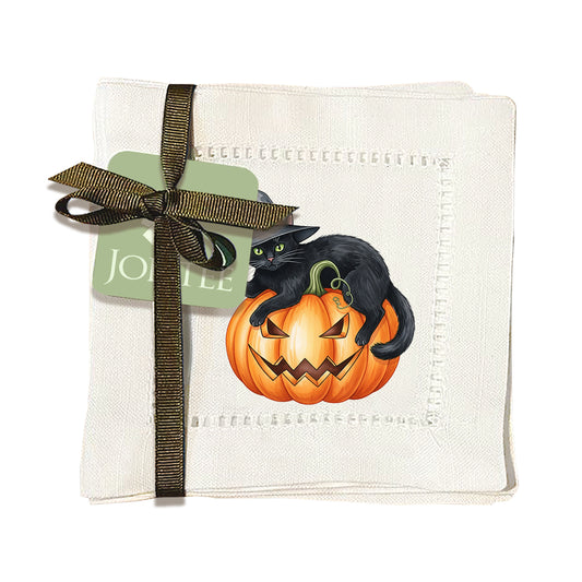Watercolor Black Cat Hemstitch Napkins