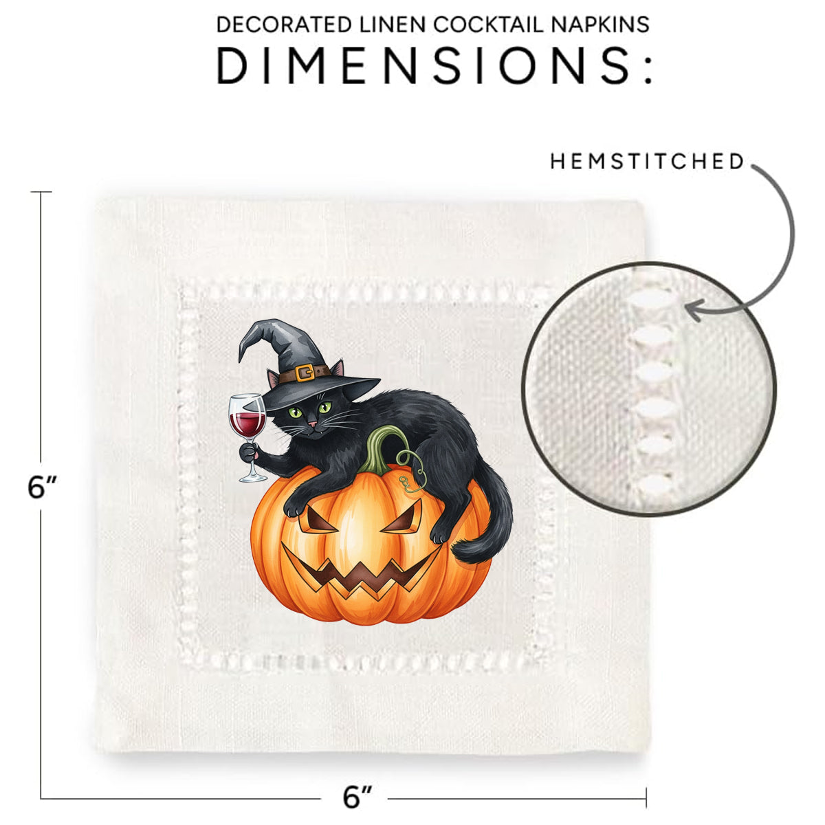 Watercolor Black Cat Hemstitch Napkins