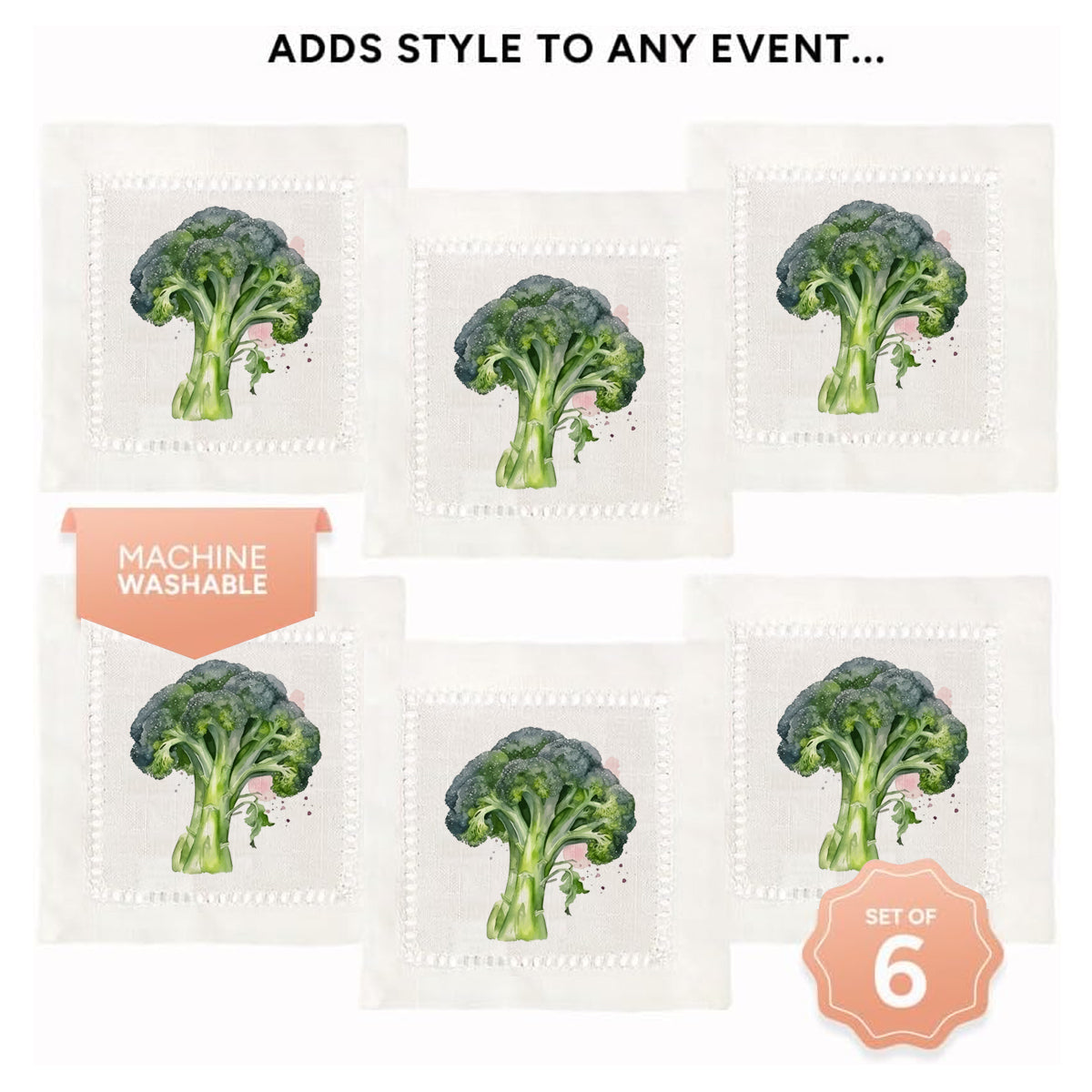 Watercolor Brocolli Hemstitch Napkins
