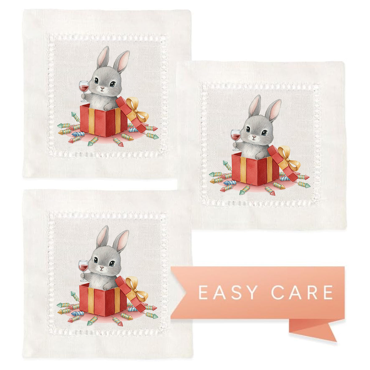 Watercolor Bunny Hemstitch Napkins