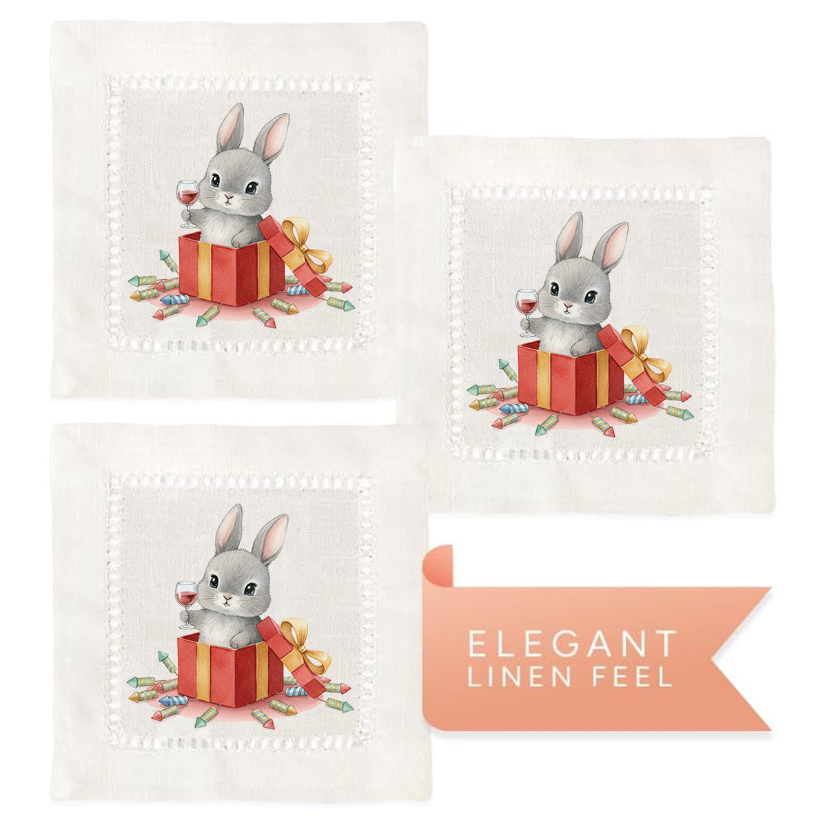 Watercolor Bunny Hemstitch Napkins