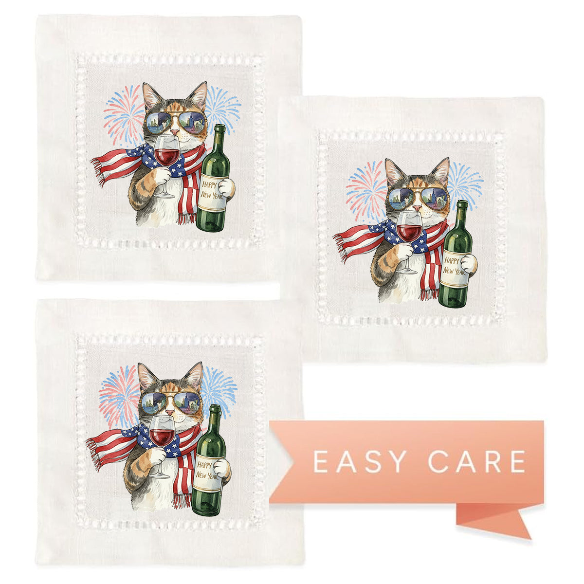 Watercolor Fireworks Cat Hemstitch Napkins