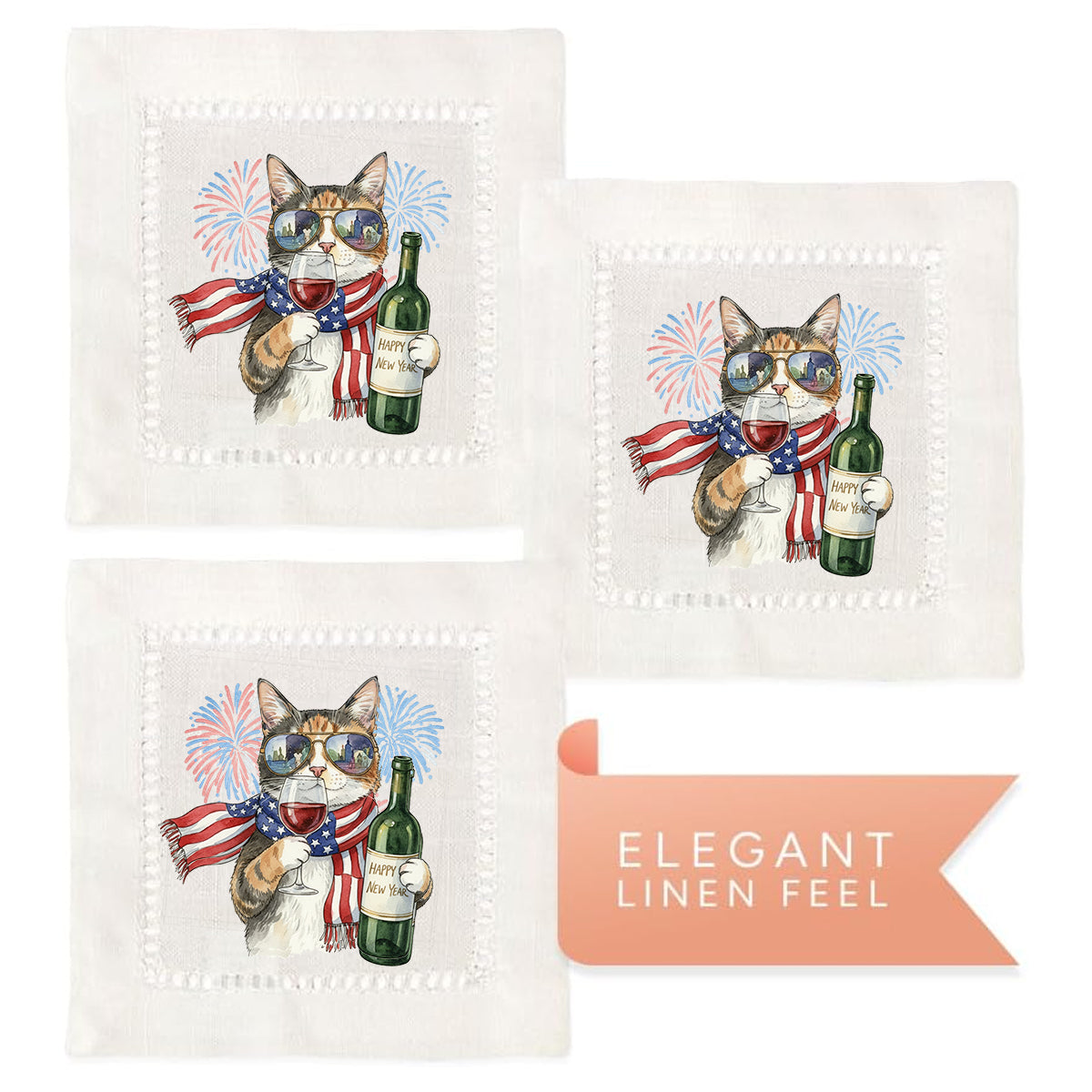 Watercolor Fireworks Cat Hemstitch Napkins