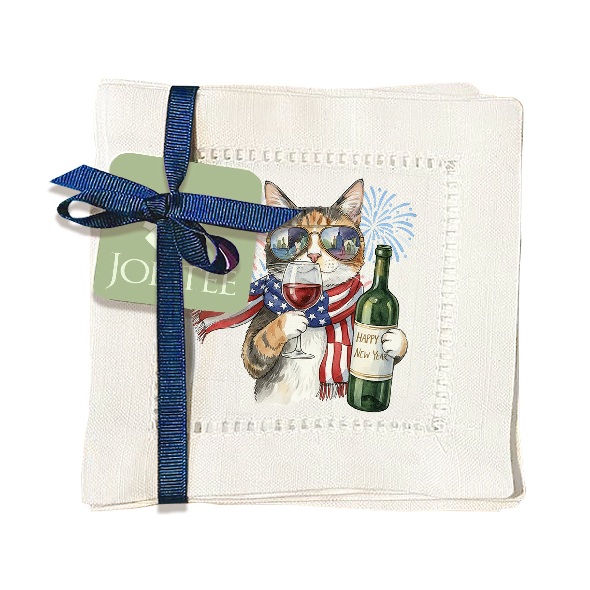 Watercolor Fireworks Cat Hemstitch Napkins