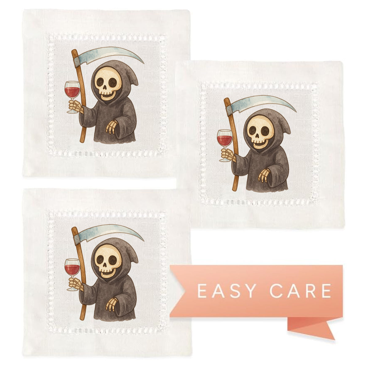 Watercolor Grim Reaper Hemstitch Napkins