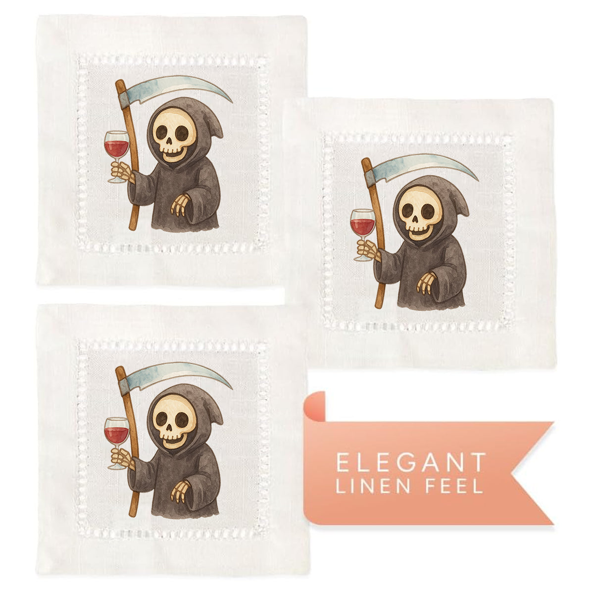 Watercolor Grim Reaper Hemstitch Napkins