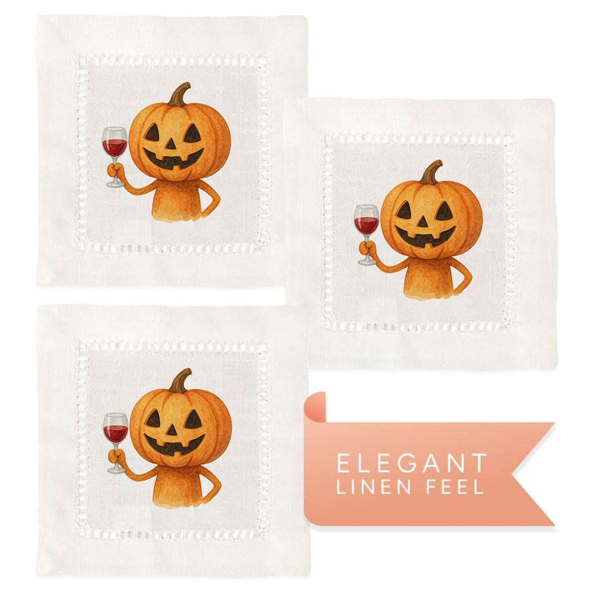 Watercolor Jack o Lantern Hemstitch Napkins