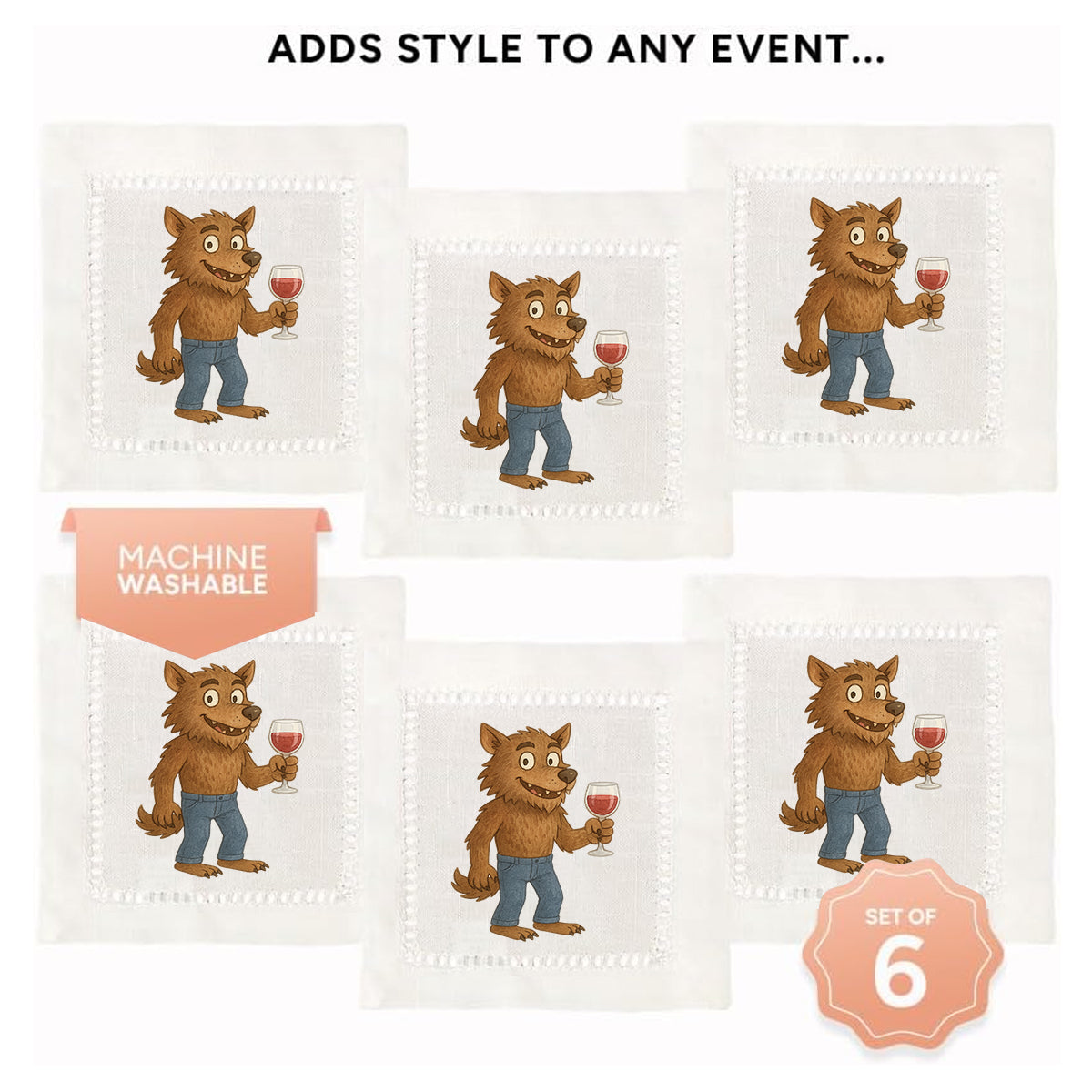 Watercolor Werewolf Hemstitch Napkins