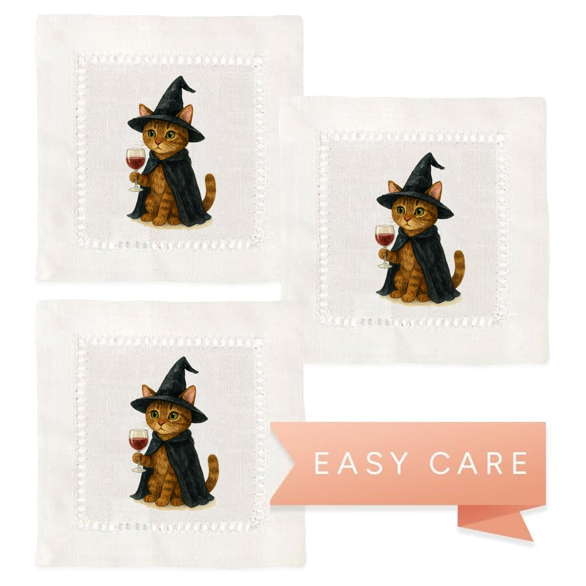 Watercolor Witch Cat Hemstitch Napkins