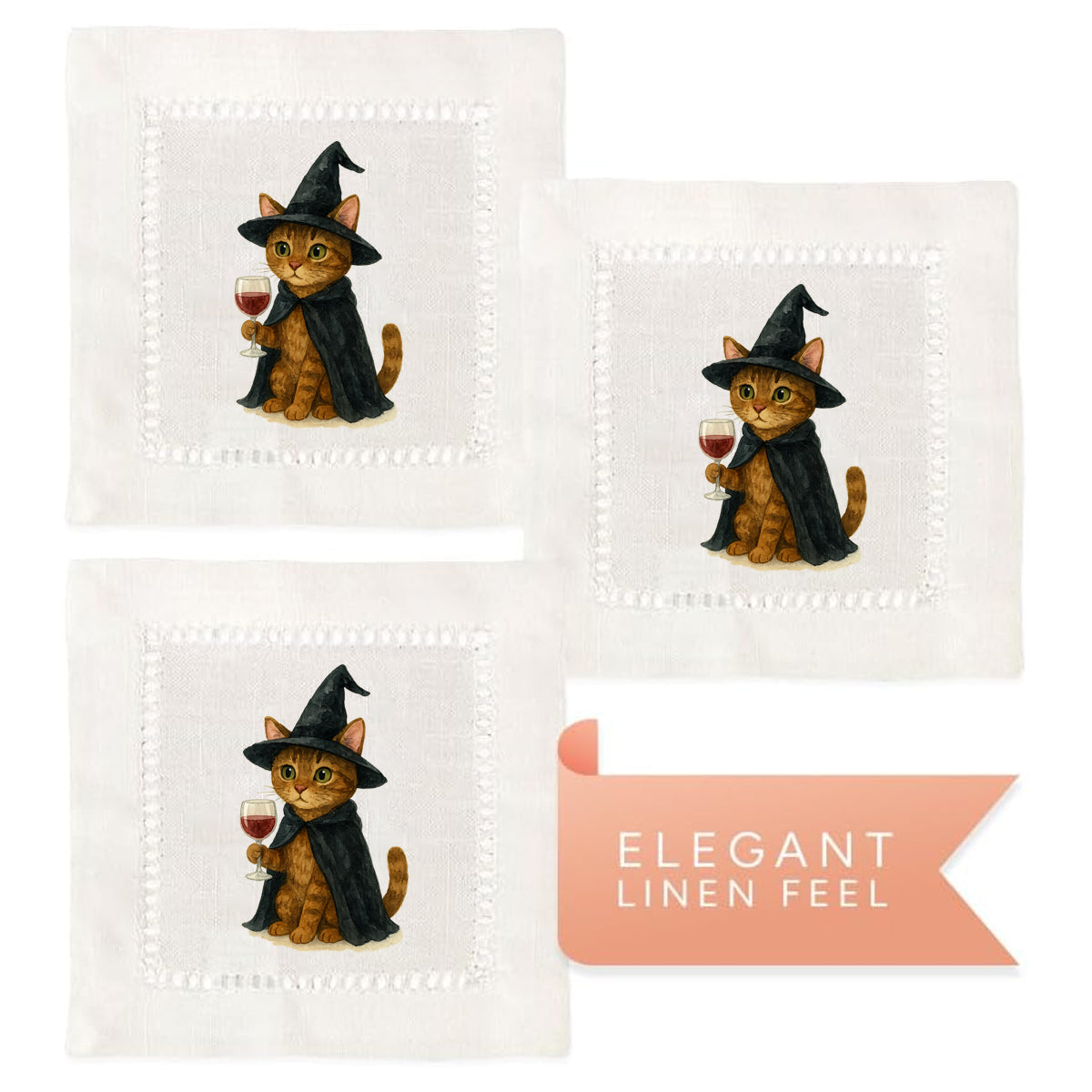 Watercolor Witch Cat Hemstitch Napkins
