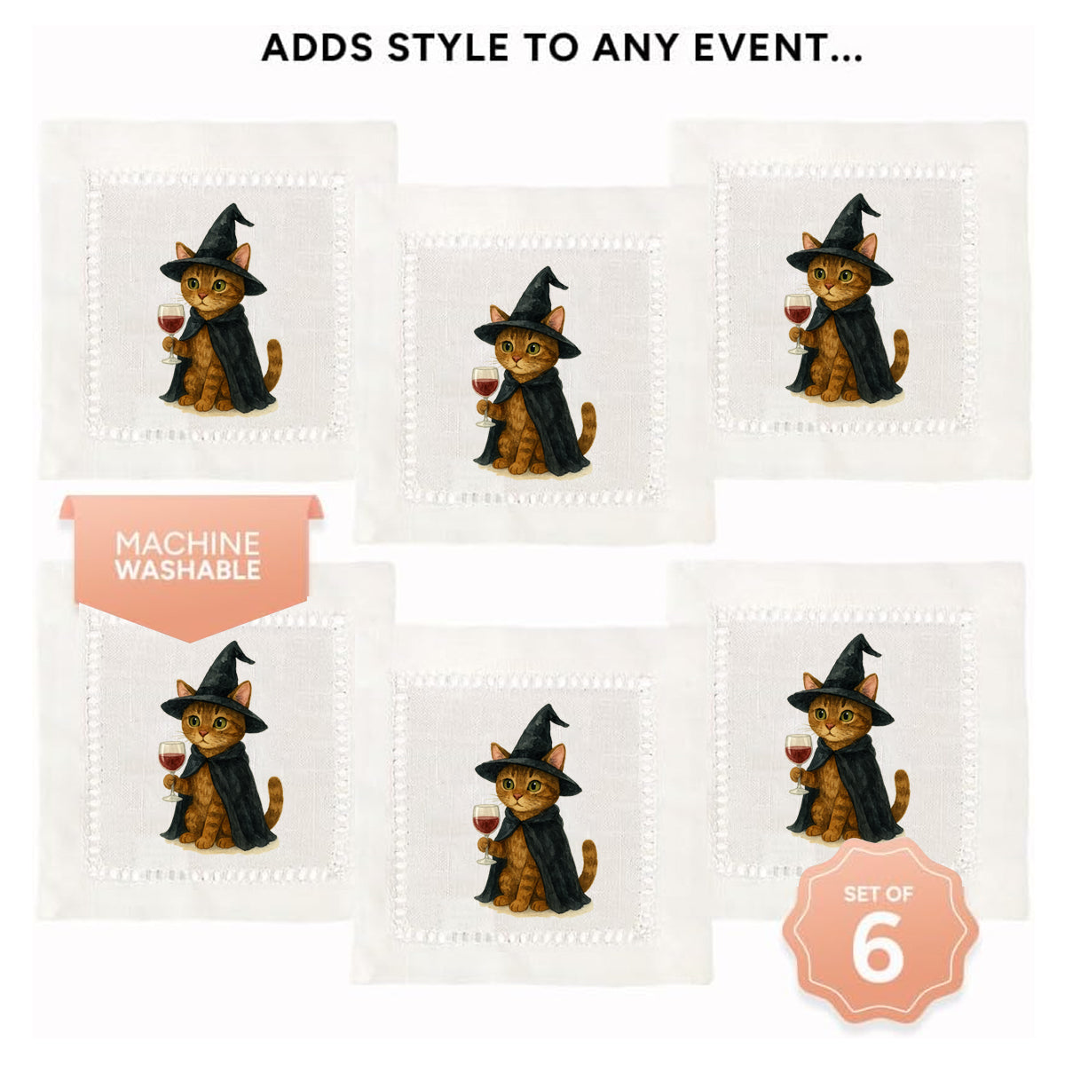 Watercolor Witch Cat Hemstitch Napkins