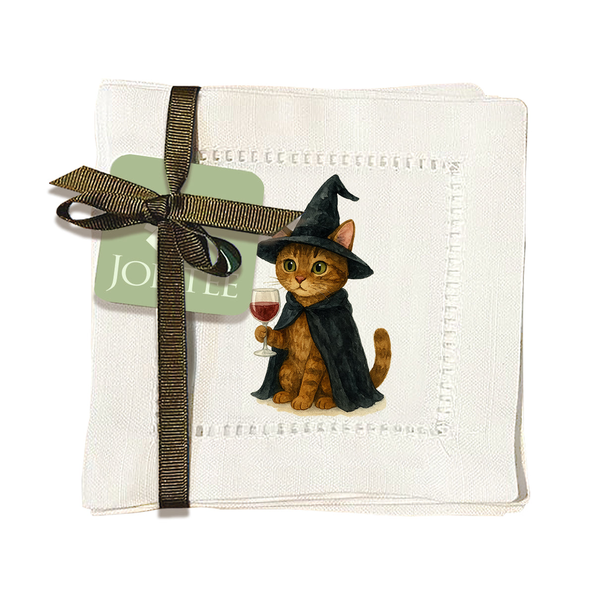 Watercolor Witch Cat Hemstitch Napkins