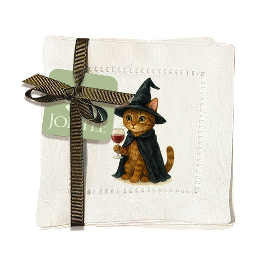 Watercolor Witch Cat Hemstitch Napkins