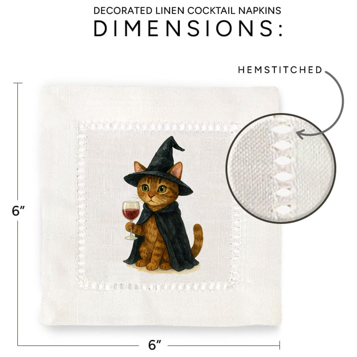 Watercolor Witch Cat Hemstitch Napkins