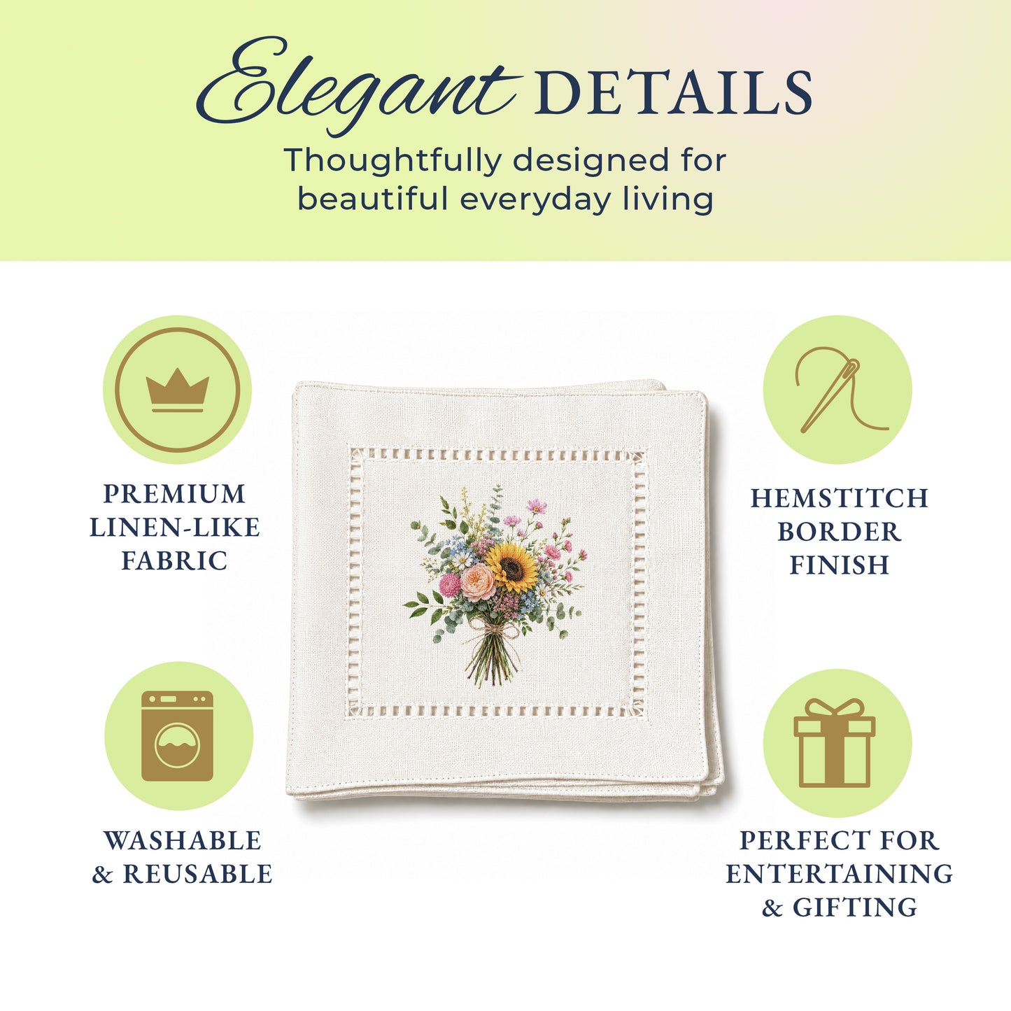 Garden Wildflower Bouquet Hemstitch Napkins