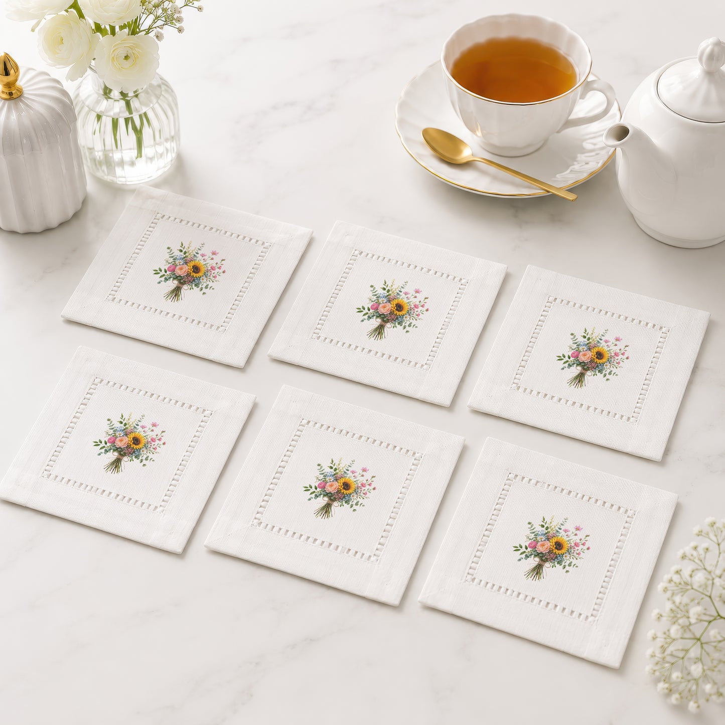 Garden Wildflower Bouquet Hemstitch Napkins
