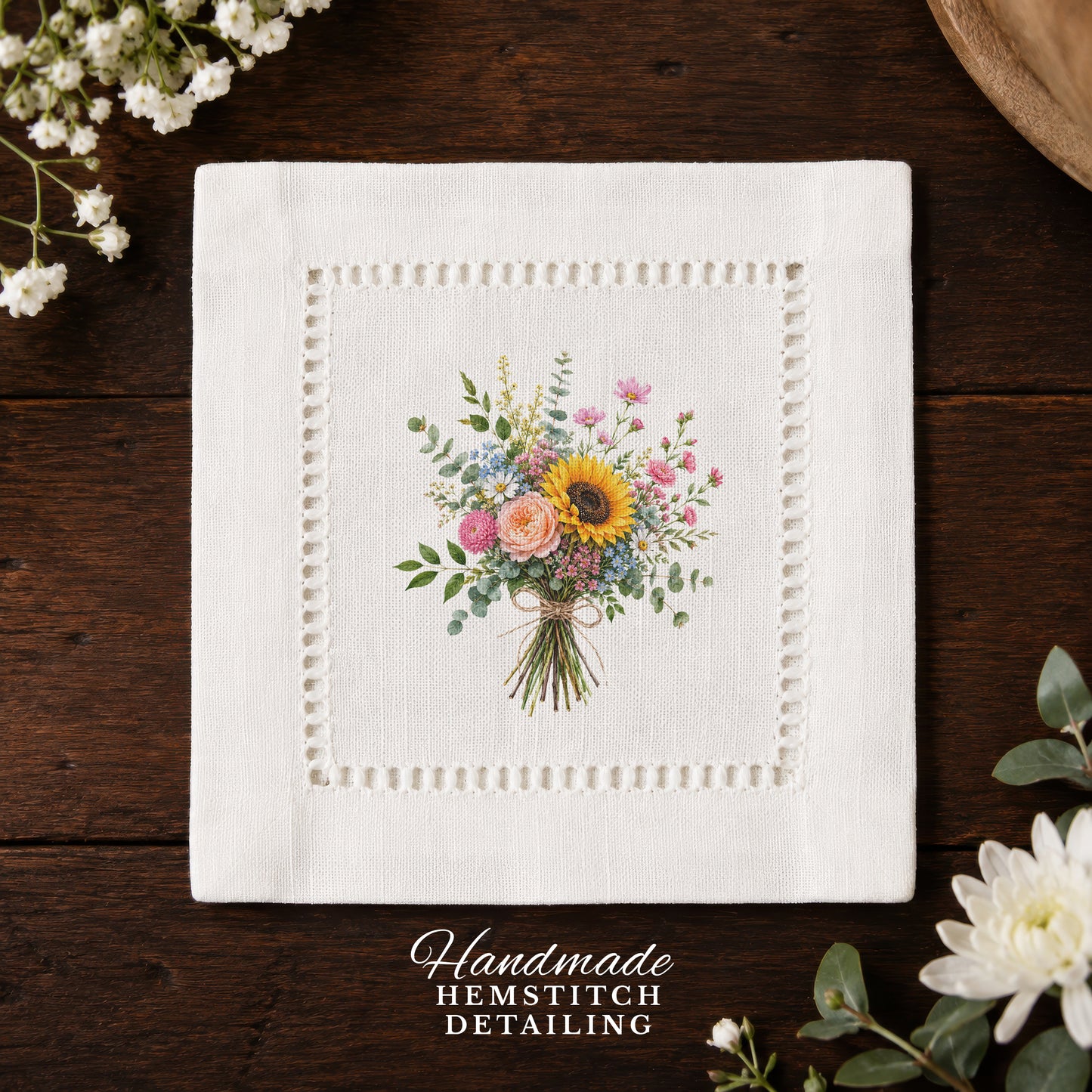 Garden Wildflower Bouquet Hemstitch Napkins