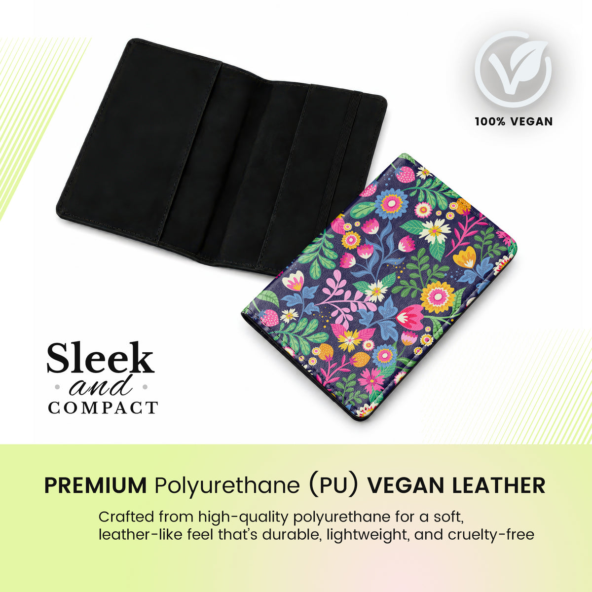 Jolitee Passport Holder, PU Vegan Leather, Wildflower, Black Back