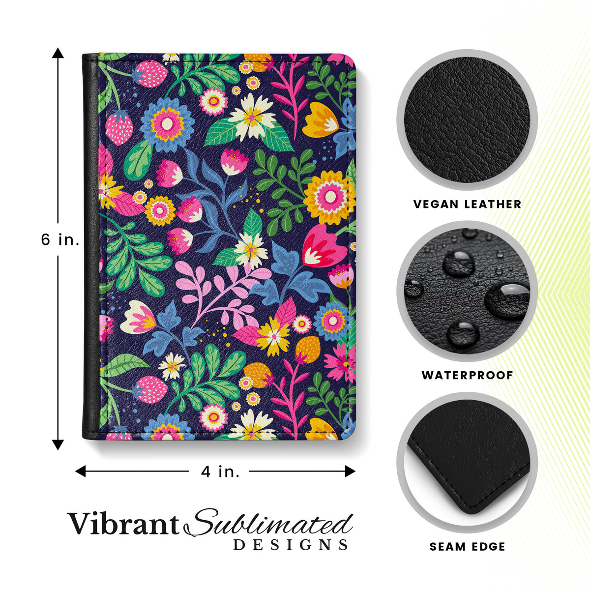 Jolitee Passport Holder, PU Vegan Leather, Wildflower, Black Back