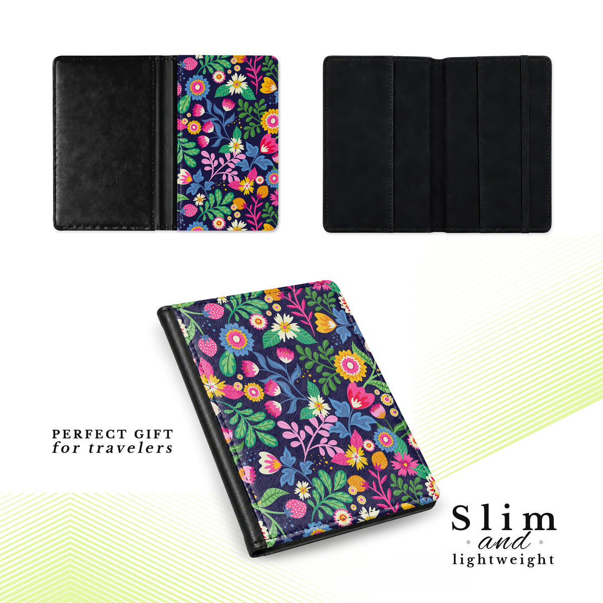 Jolitee Passport Holder, PU Vegan Leather, Wildflower, Black Back