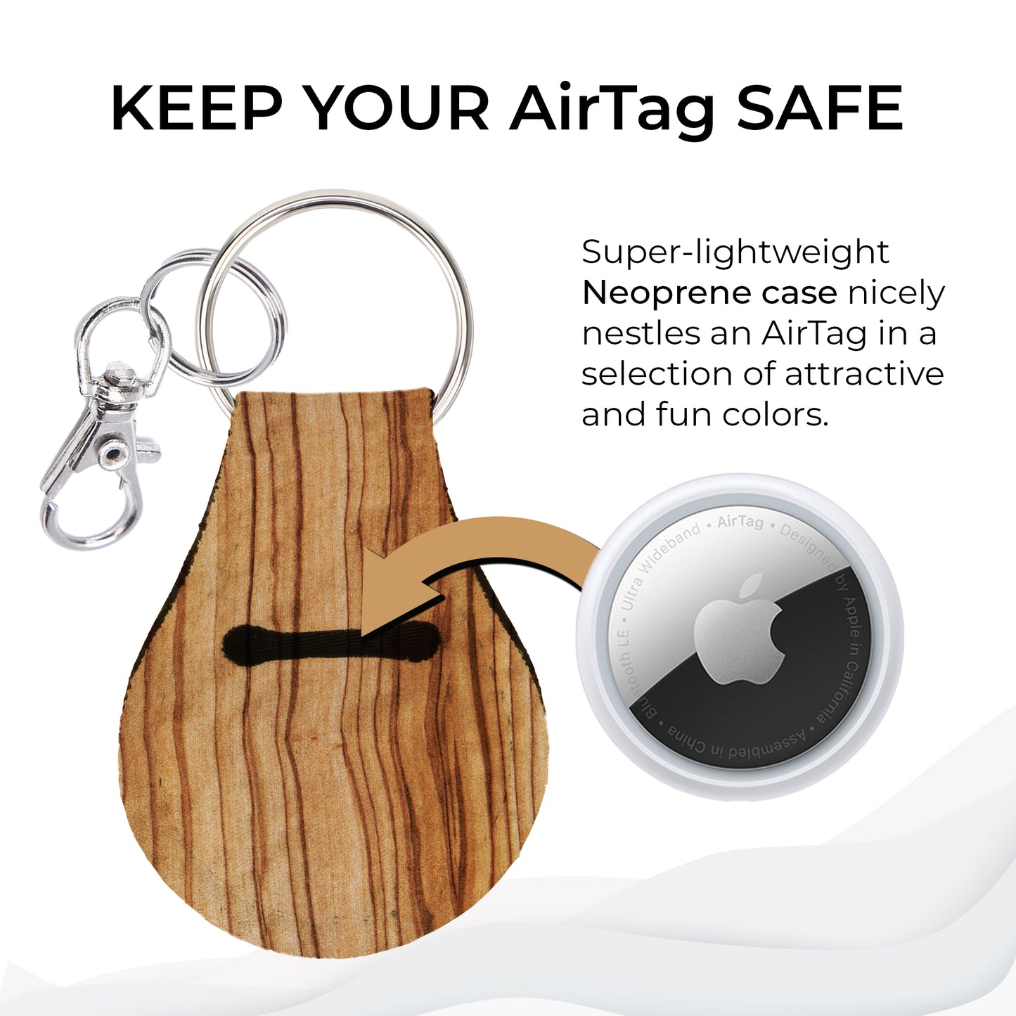 Jolitee Neoprene AirTag Compatible Case Keychain – Durable & Stylish Holder with Secure Ring and Clip, Compatible with Apple AirTag (Wood Pattern)