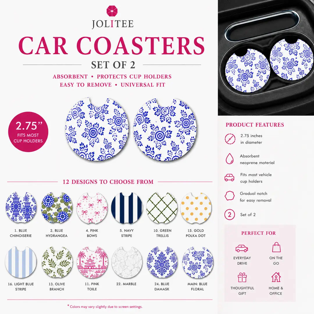 Jolitee Patterned Car Coasters, Absorbent Neoprene Cup Holder