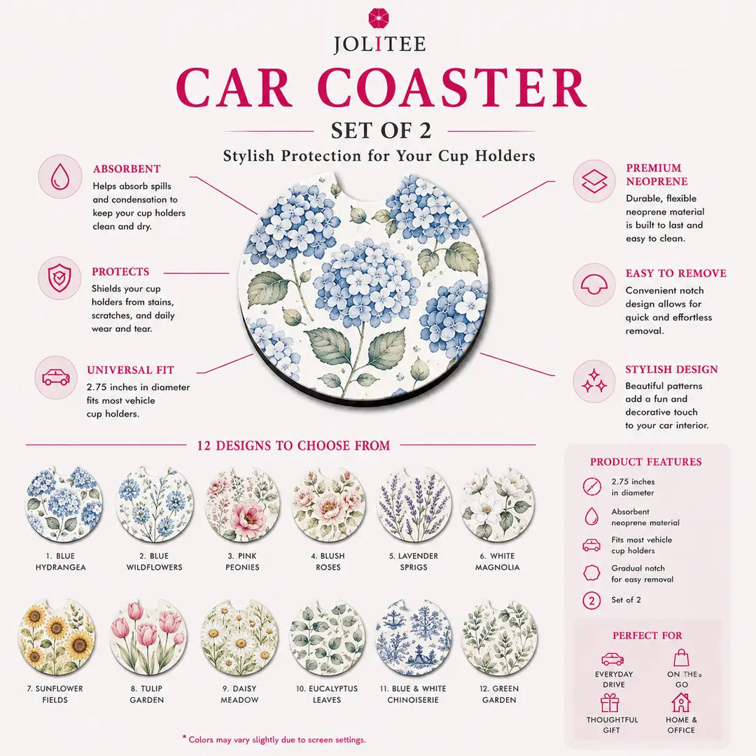 Jolitee Florals Car Coasters, Absorbent Neoprene Cup Holder
